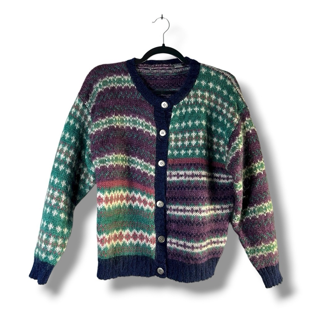 Vintage Womens Sz Small Mohair Blend‎ Patchwork Knit Cardigan Button Up Fuzzy